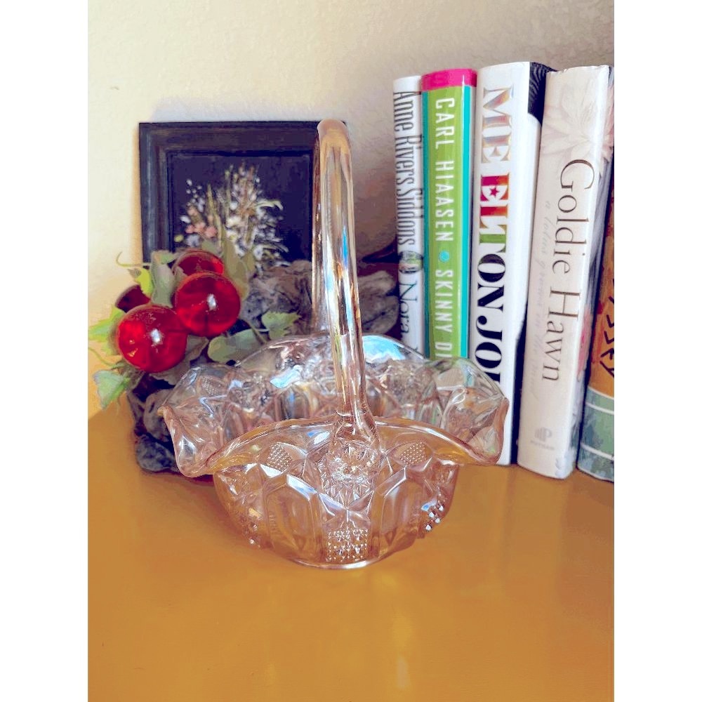 Vintage L.E. Smith Glass Quintec Pink Iridescent Luster Basket with Handle